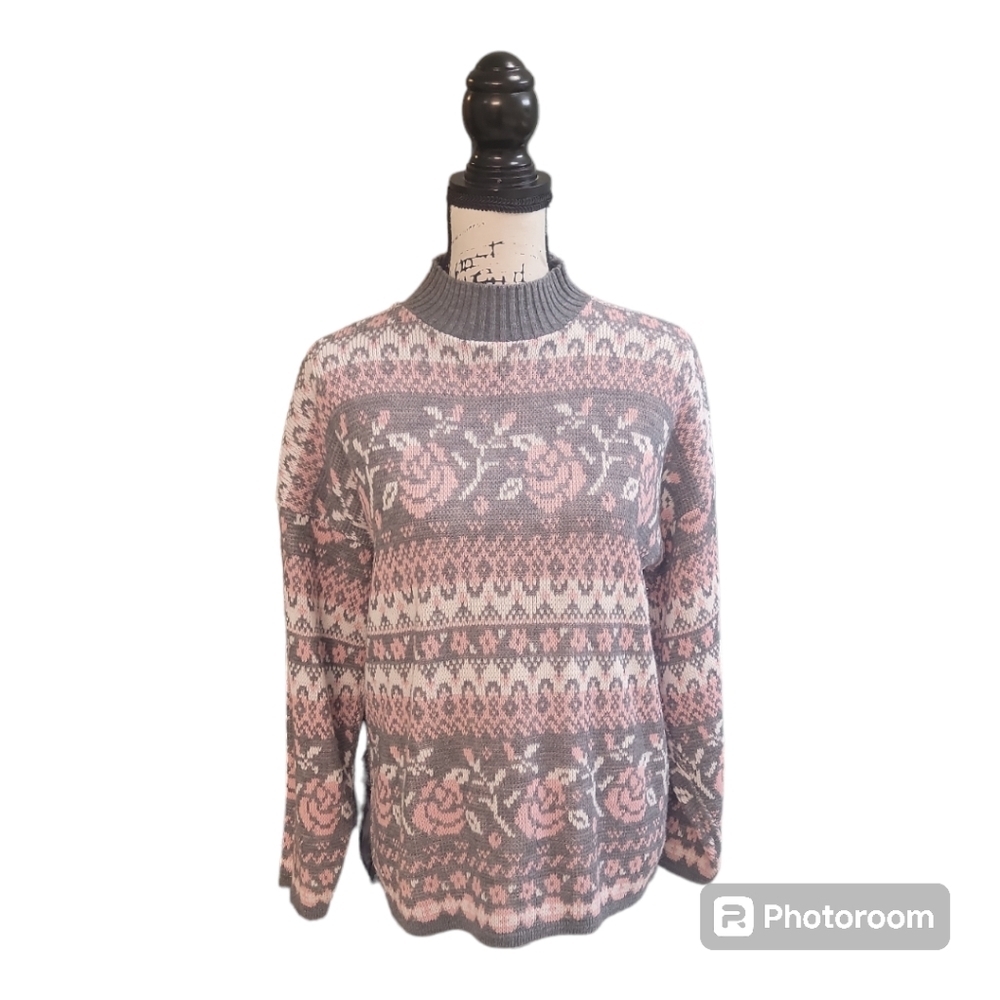 Sasson Vintage 80s Pink Rose Floral Cottagecore Flirty Mock Neck Sweater‎